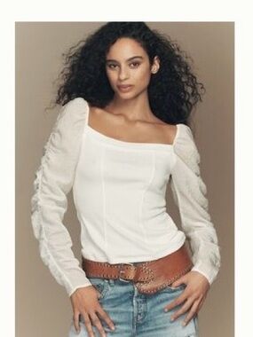 Anthropologie White/Light Cream with sheer Puff-Sleeve and Square Neck Blouse